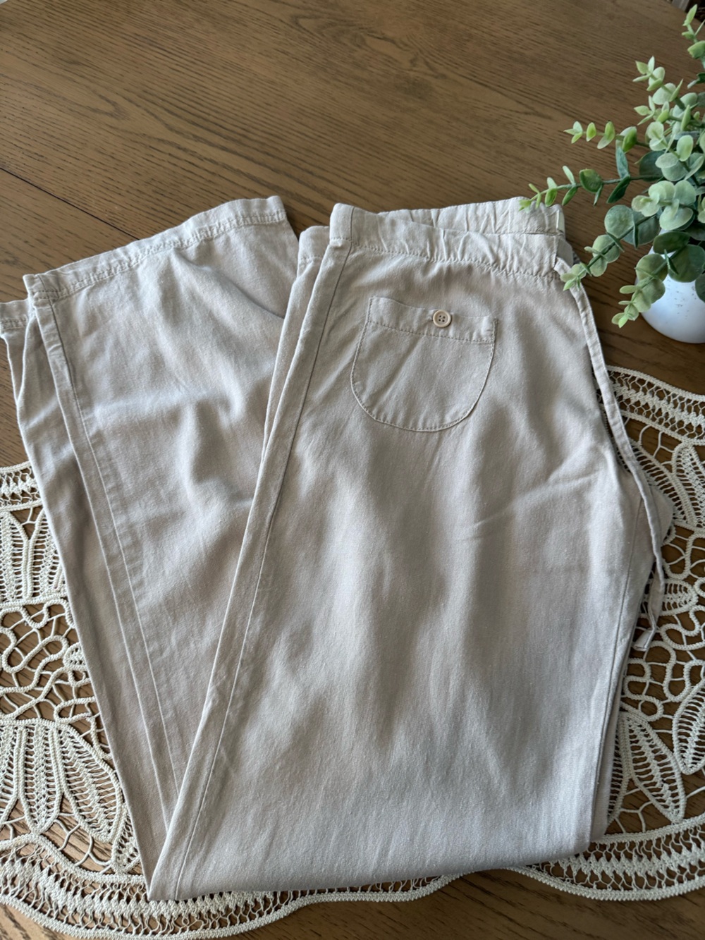 Kiss & Cry Linen Blend Beige Wide Leg Drawstring Pants Size L
